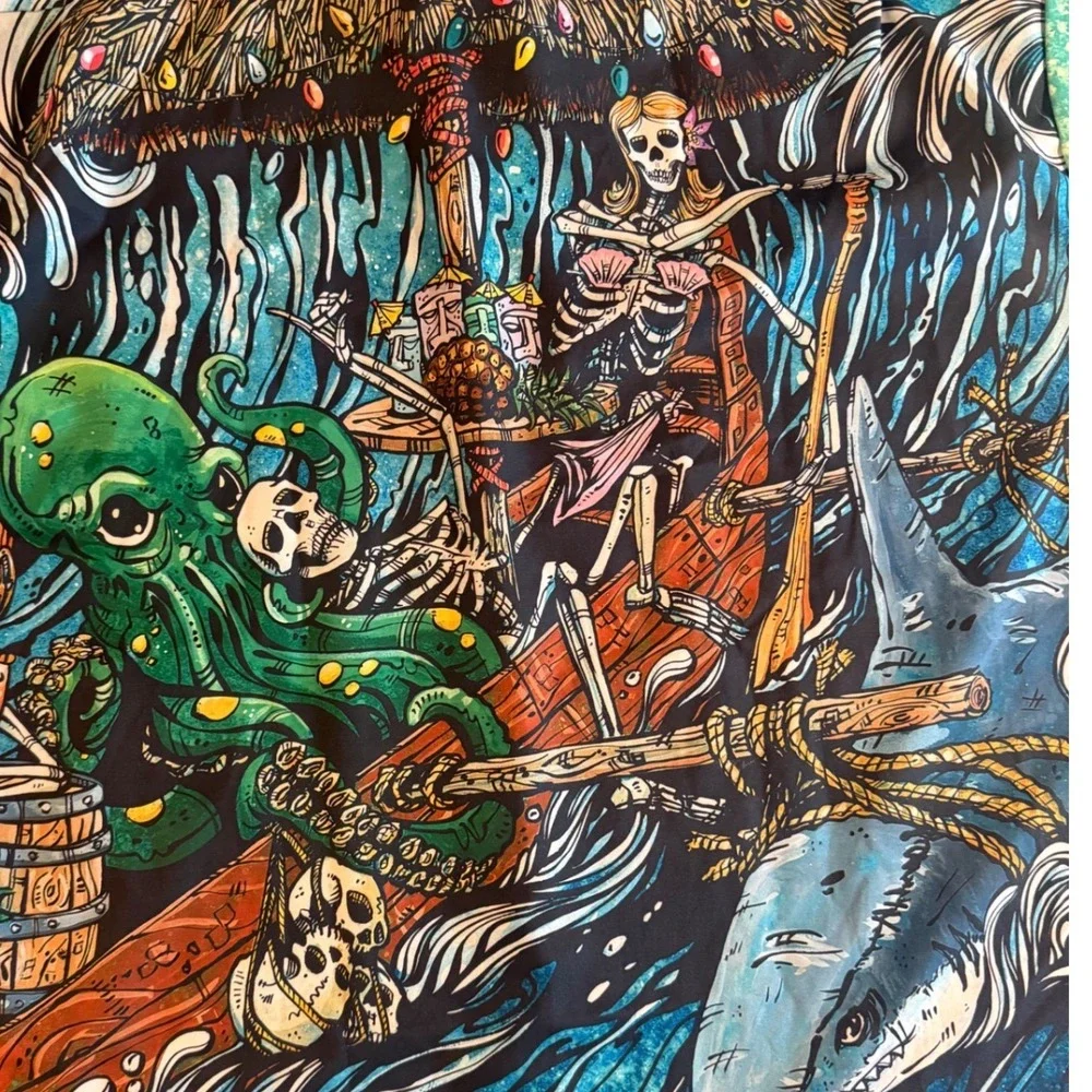 Hardaddy Mens Button Down Shirt Sea Monster Skeleton Tiki Blue M Hawaiian